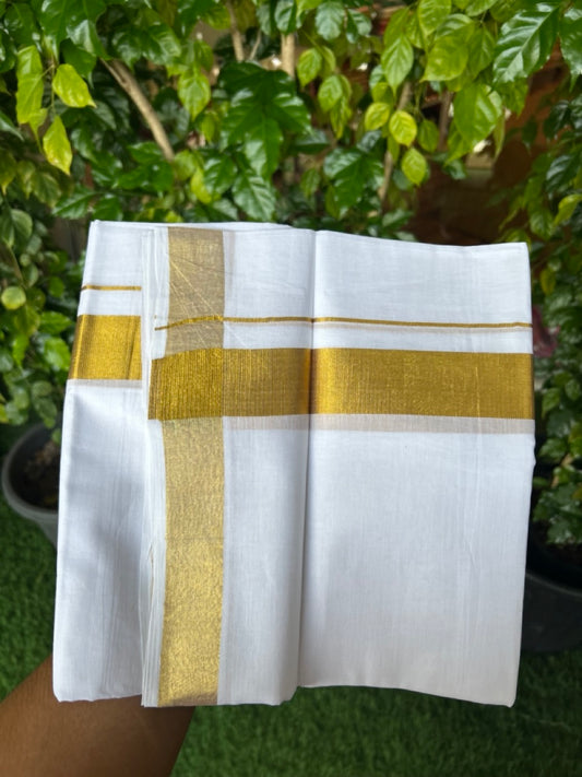 20% DISCOUNT!! KaithariKada Balaramapuram 100% Cotton DOUBLE PURE WHITE Mundu/Dhoti - 100x100 - 1.25 inch Gold Kasavu Kara 4 mtr (8.5 muzham) - 16KK5221 GAN