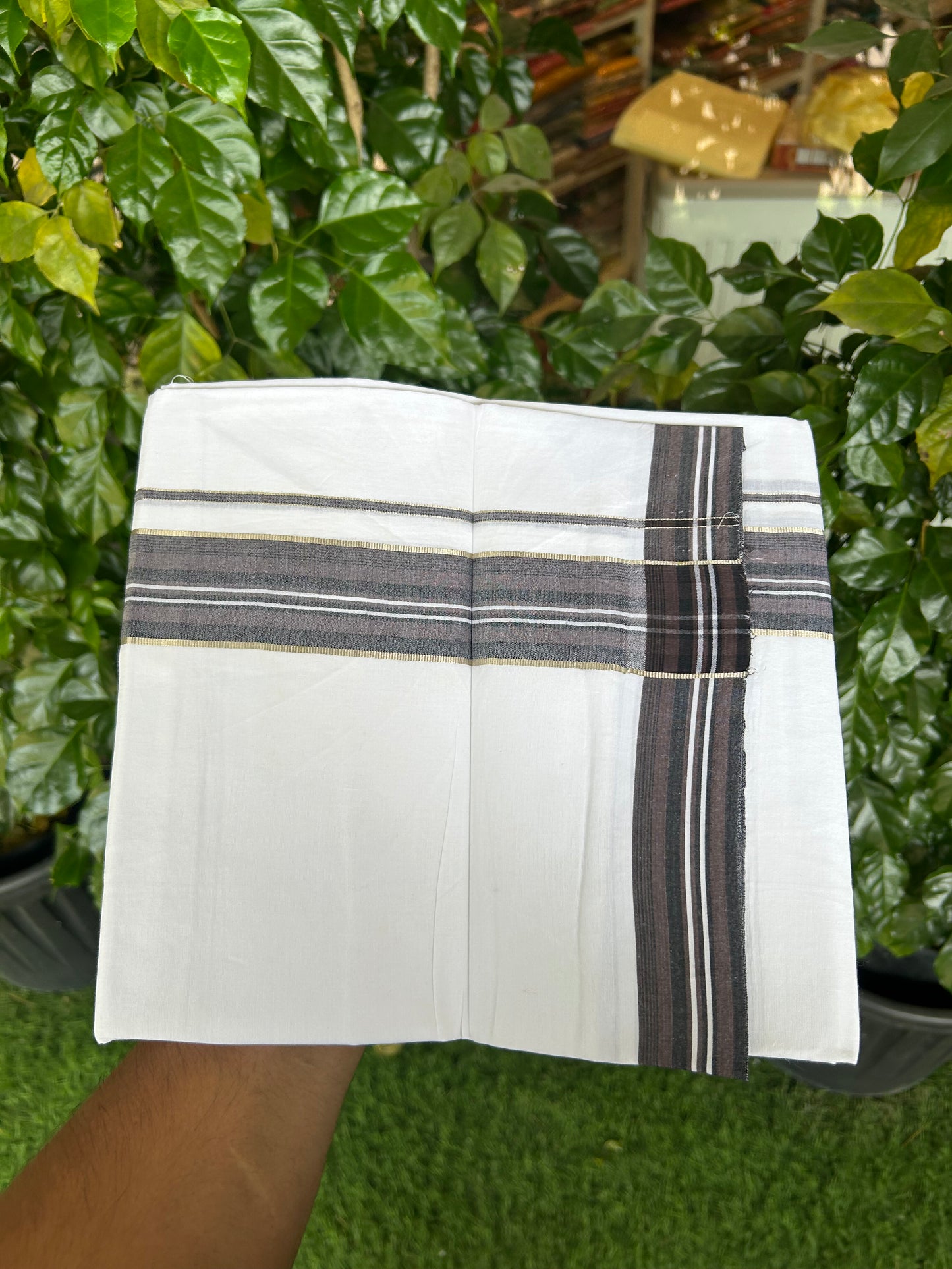 20% Discount ! Kaitharikada Balaramapuram 100% Cotton Pure White Double Mundu/Dothi - 100x80 - 1.5 inch Silver Kasav Ash Lavendar  & Black Shaded Striped Kara 3.80 mtr (8 muzham) - 4 KK5359 THI