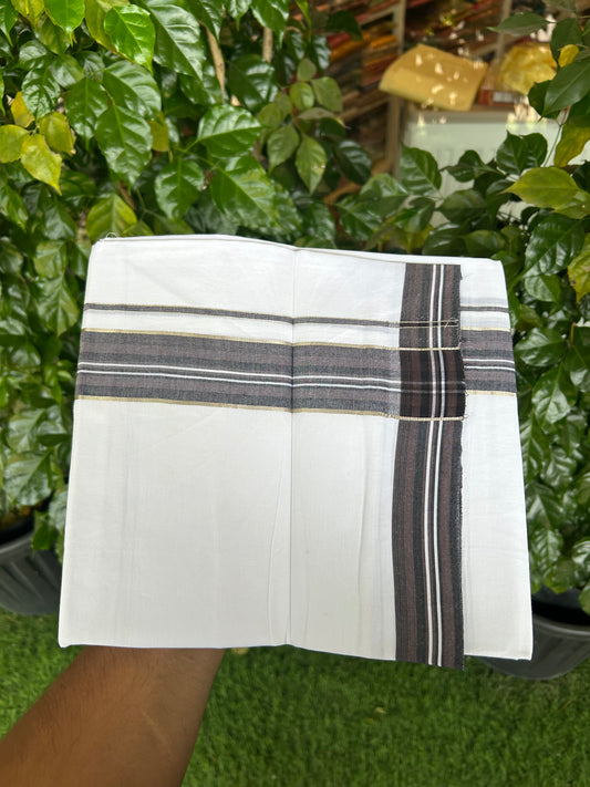20% Discount ! Kaitharikada Balaramapuram 100% Cotton Pure White Double Mundu/Dothi - 100x80 - 1.5 inch Silver Kasav Ash Lavendar  & Black Shaded Striped Kara 3.80 mtr (8 muzham) - 4 KK5359 THI