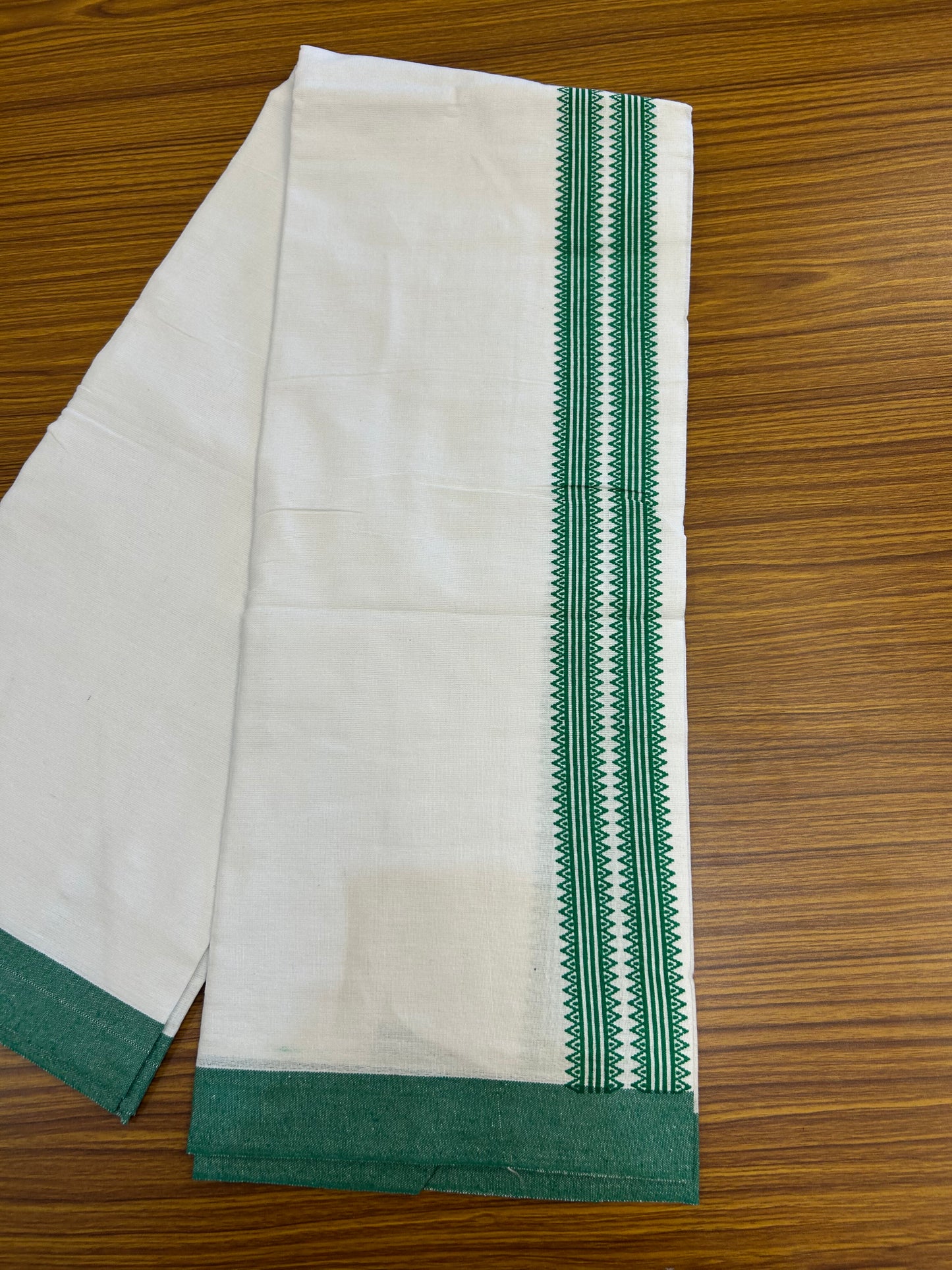 Kaitharikada - Polyster Mixed Cotton - (20s) - Pure white Single Kaily / Lungi - 2.25 inch Green Printed Kara with White colour body (2 meter / 4 muzham) - 4 KK8047 SAT