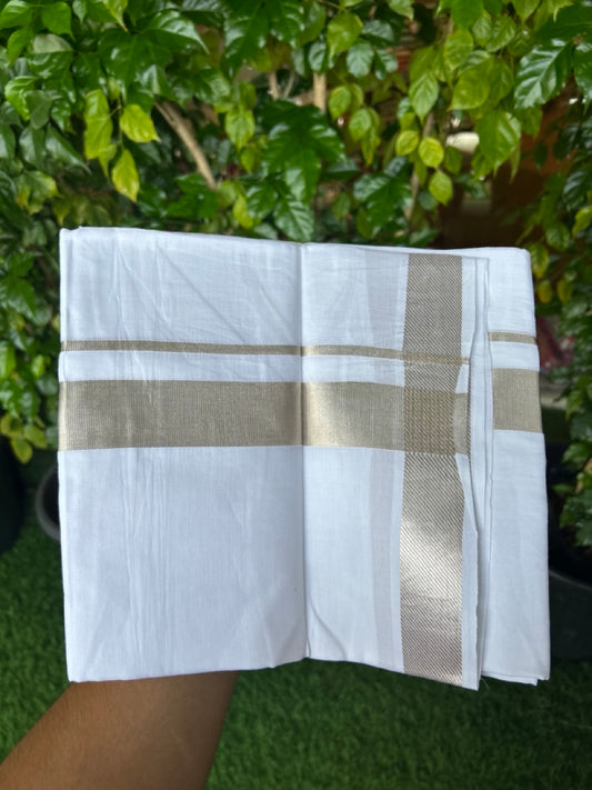 20% DISCOUNT!! KaithariKada Balaramapuram 100% Cotton DOUBLE PURE WHITE Mundu/Dhoti - 100x100 - 1.25 inch Silver Kasavu Kara 4 mtr (8.5 muzham) - 17KK5221 GAN