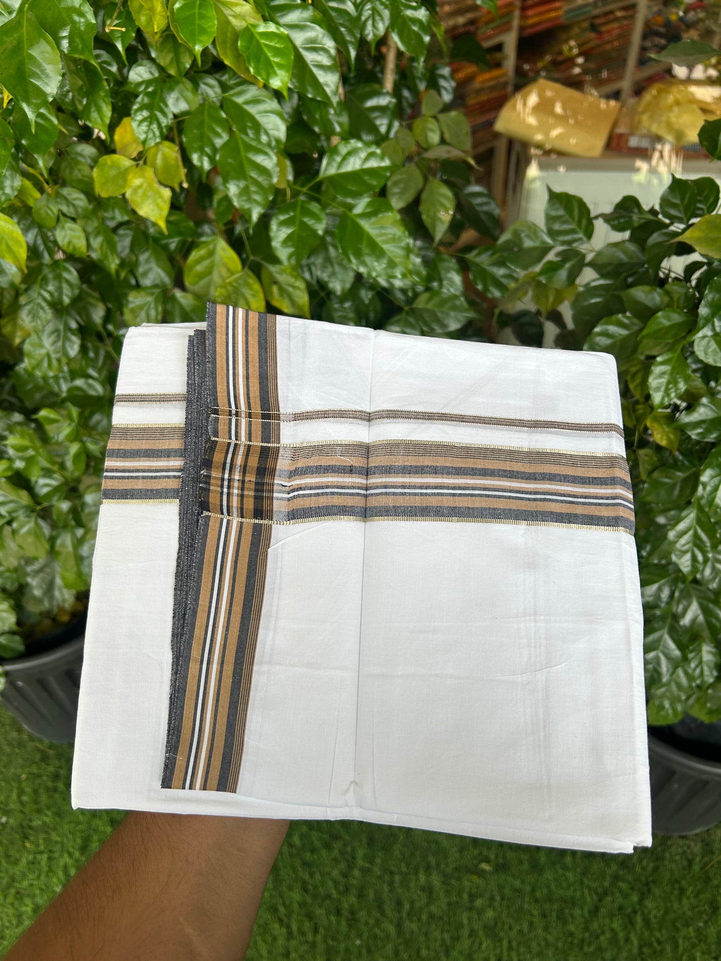 20% Discount ! Kaitharikada Balaramapuram 100% Cotton Pure White Double Mundu/Dothi - 100x80 - 1.5 inch Silver Kasav Caramel Brown & Black Shaded Striped Kara 3.80 mtr (8 muzham) - 6 KK5359 THI
