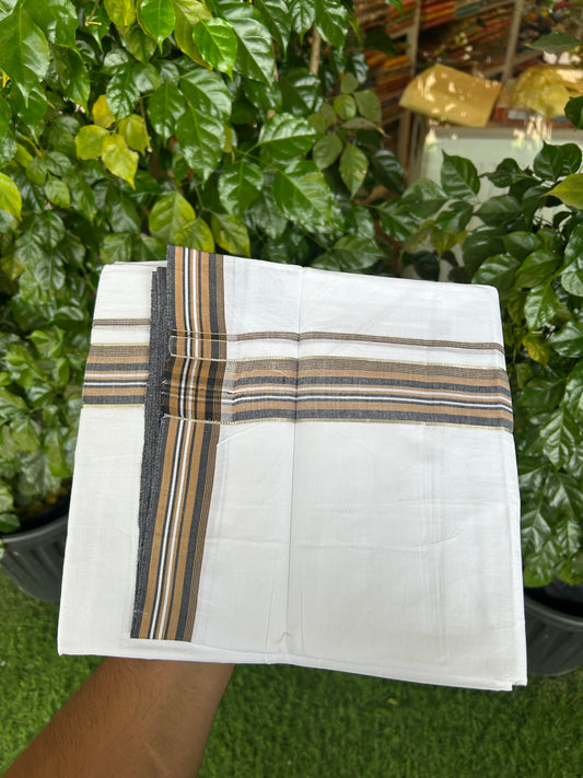 20% Discount ! Kaitharikada Balaramapuram 100% Cotton Pure White Double Mundu/Dothi - 100x80 - 1.5 inch Silver Kasav Caramel Brown & Black Shaded Striped Kara 3.80 mtr (8 muzham) - 6 KK5359 THI