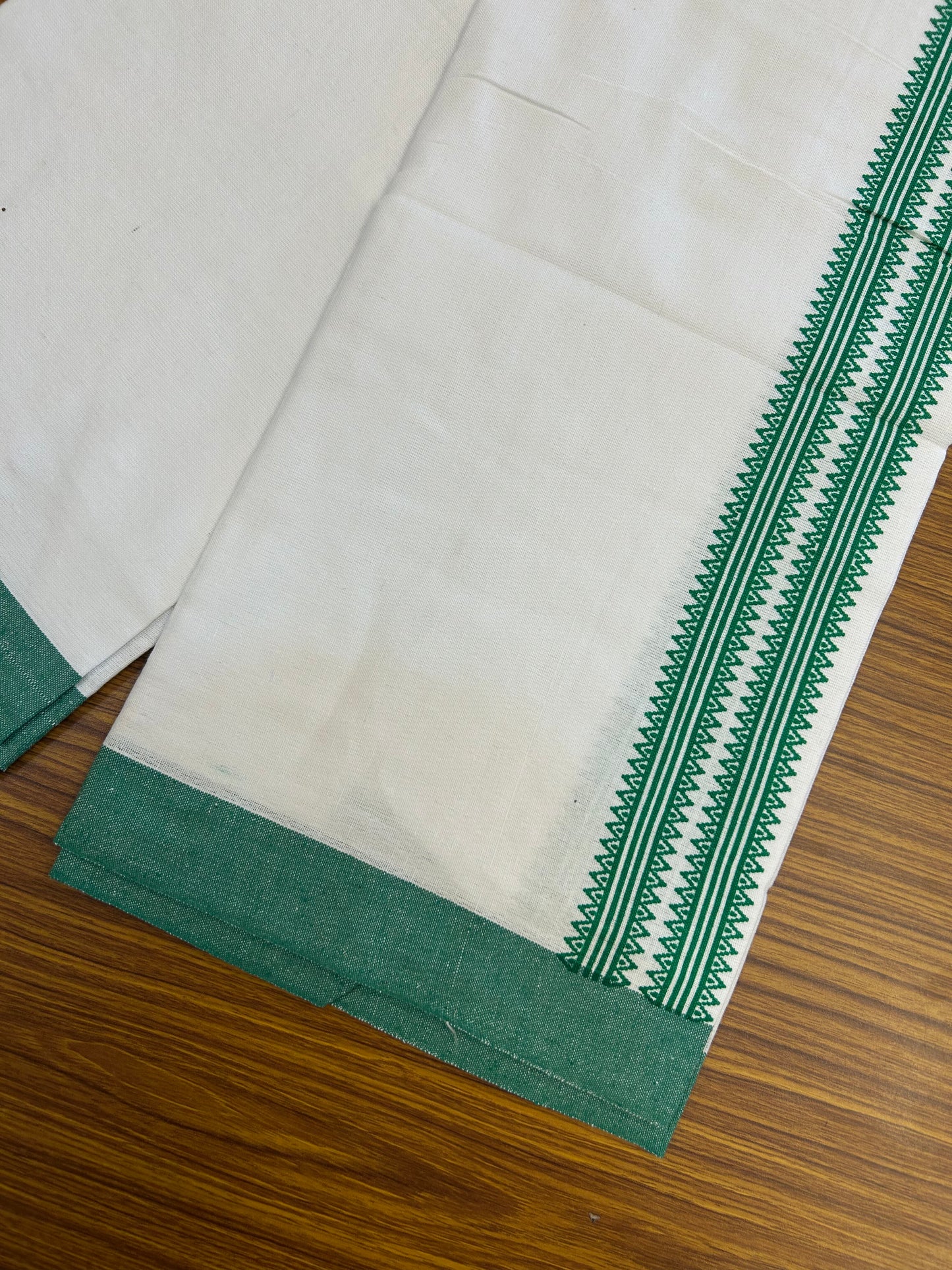 Kaitharikada - Polyster Mixed Cotton - (20s) - Pure white Single Kaily / Lungi - 2.25 inch Green Printed Kara with White colour body (2 meter / 4 muzham) - 4 KK8047 SAT