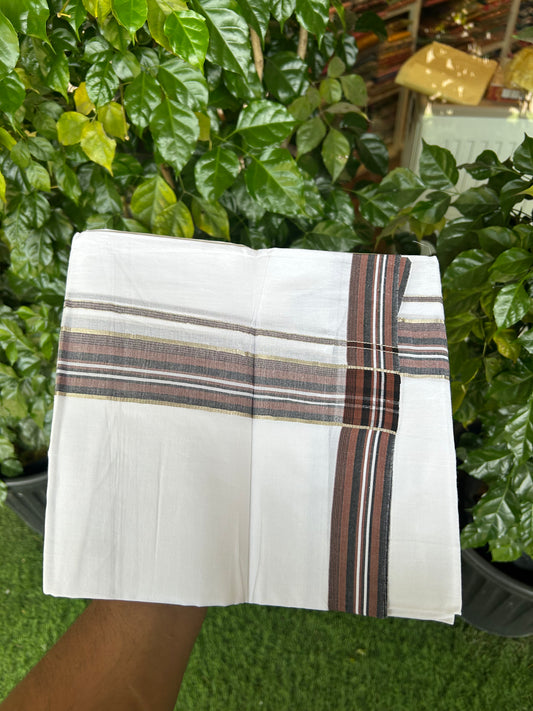20% Discount ! Kaitharikada Balaramapuram 100% Cotton Pure White Double Mundu/Dothi - 100x80 - 1.5 inch Silver Kasav Chestnut Brown & Black Shaded Striped Kara 3.80 mtr (8 muzham) - 2 KK5359 THI