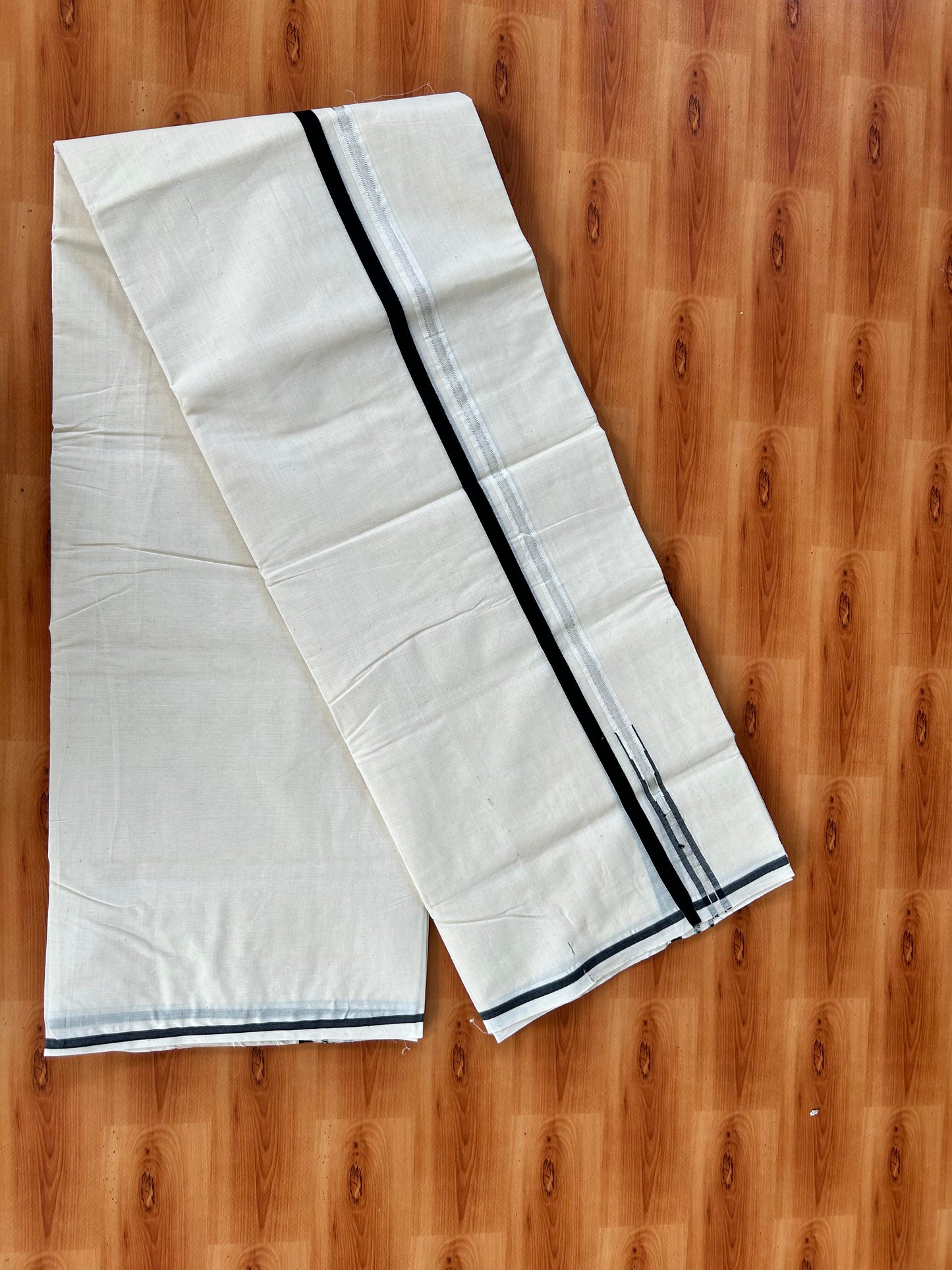 Double Off white Mundu/Dhoti - 20% Discount! KaithariKada 100% Cotton - 100x100 - 0.5 inch Puliyilakkara Silver Kasav & Black Chutty Kara 4 mtr (8.5 muzham) - 9 KK5442 ASH