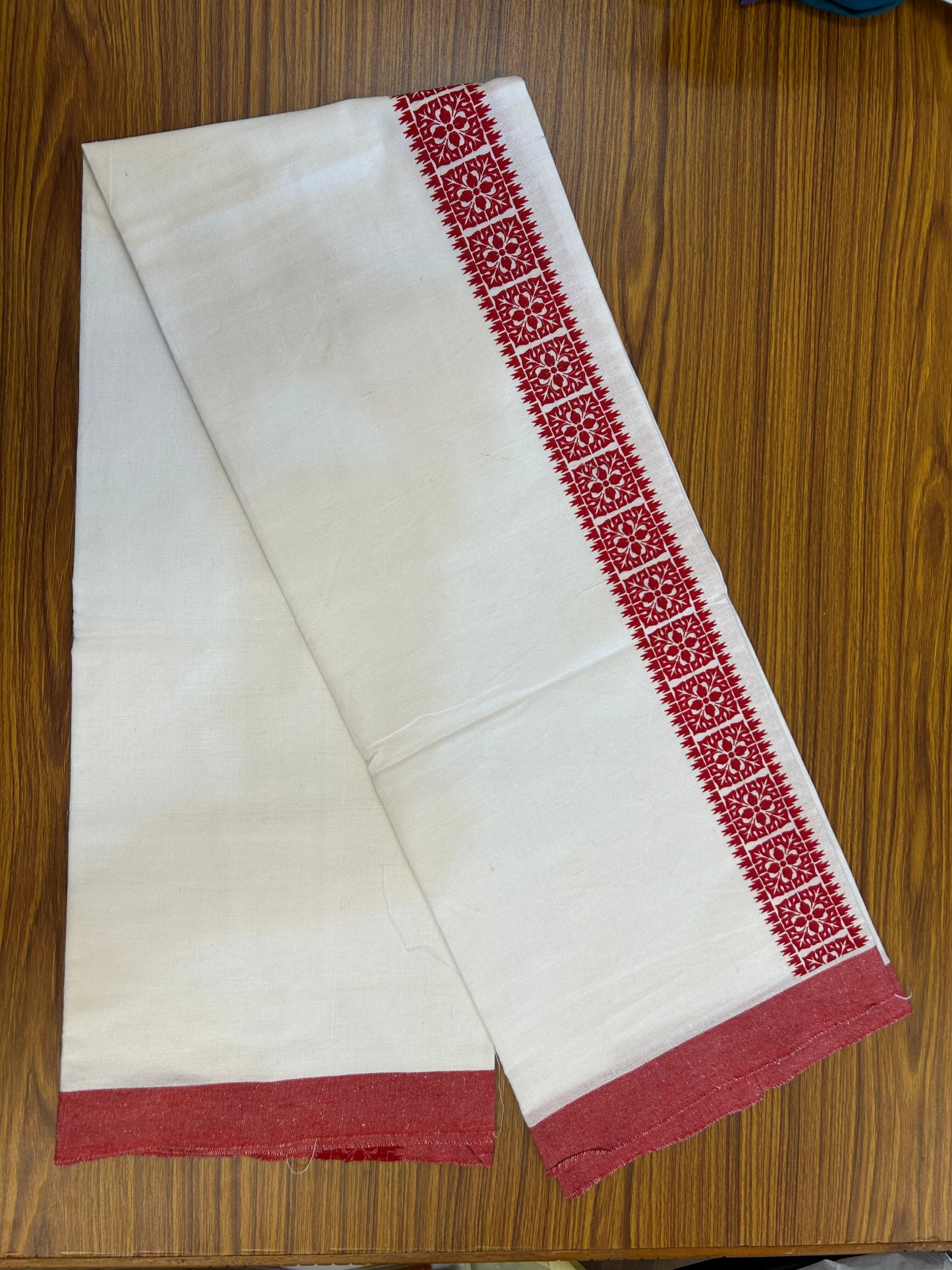 Kaitharikada - Polyster Mixed Cotton - (20s) - Pure white Single Kaily / Lungi - 2 inch Ruby Red Printed Kara with White colour body (2 meter / 4 muzham) - 9 KK8047 SAT