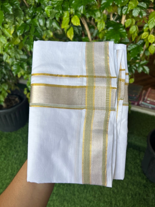 17% DISCOUNT! KaithariKada Balaramapuram 100% Cotton Double PURE WHITE Mundu/Dhoti - 100x100 - 1.5 inch Sage Green Silver Kasav & Gold Kasavu Stripes Kara - 9KK5221 GAN