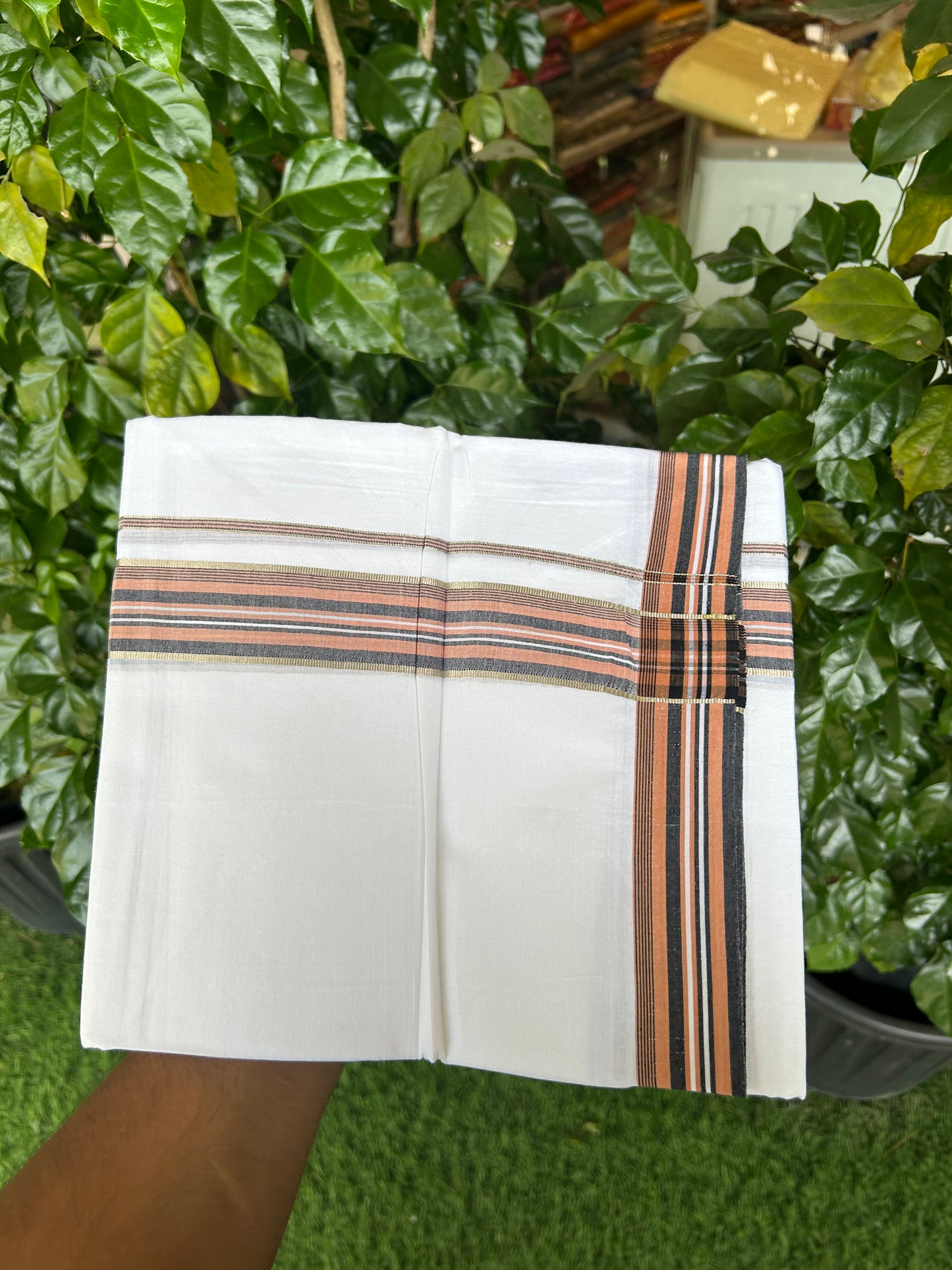 20% Discount ! Kaitharikada Balaramapuram 100% Cotton Pure White Double Mundu/Dothi - 100x80 - 1.5 inch Silver Kasav Light Orange & Black Shaded Striped Kara 3.80 mtr (8 muzham) - 3 KK5359 THI