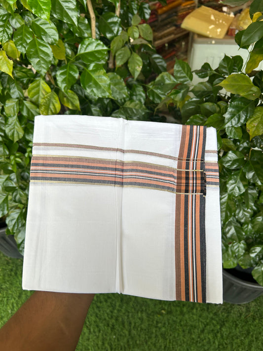 20% Discount ! Kaitharikada Balaramapuram 100% Cotton Pure White Double Mundu/Dothi - 100x80 - 1.5 inch Silver Kasav Light Orange & Black Shaded Striped Kara 3.80 mtr (8 muzham) - 3 KK5359 THI