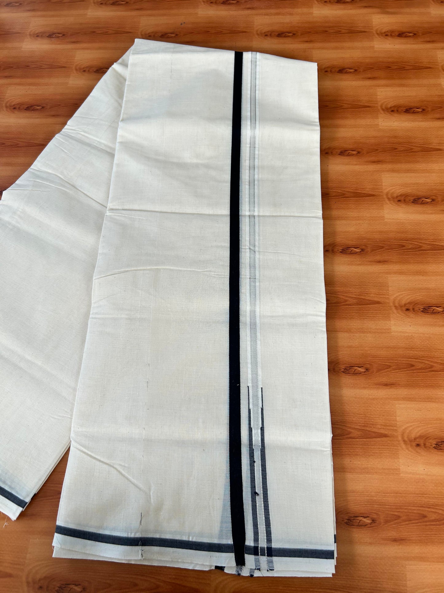 Double Off white Mundu/Dhoti - 20% Discount! KaithariKada 100% Cotton - 100x100 - 0.5 inch Puliyilakkara Silver Kasav & Black Chutty Kara 4 mtr (8.5 muzham) - 9 KK5442 ASH