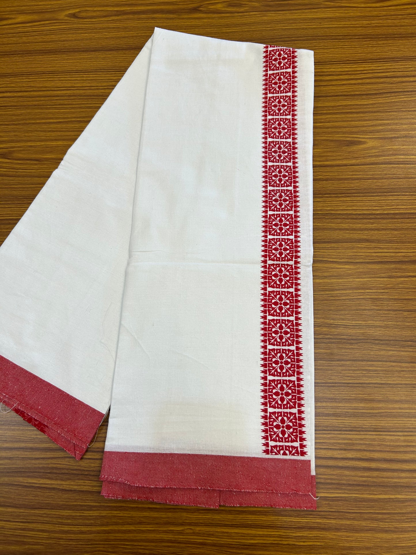Kaitharikada - Polyster Mixed Cotton - (20s) - Pure white Single Kaily / Lungi - 2 inch Ruby Red Printed Kara with White colour body (2 meter / 4 muzham) - 9 KK8047 SAT