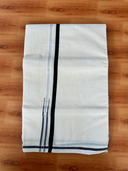 Double Off white Mundu/Dhoti - 20% Discount! KaithariKada 100% Cotton - 100x100 - 0.5 inch Puliyilakkara Silver Kasav & Black Chutty Kara 4 mtr (8.5 muzham) - 9 KK5442 ASH