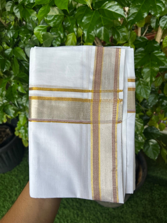 17% DISCOUNT! KaithariKada Balaramapuram 100% Cotton Double PURE WHITE Mundu/Dhoti - 100x100 - 1.5 inch Brown Silver Kasav & Gold Kasavu Stripes Kara - 8KK5221 GAN