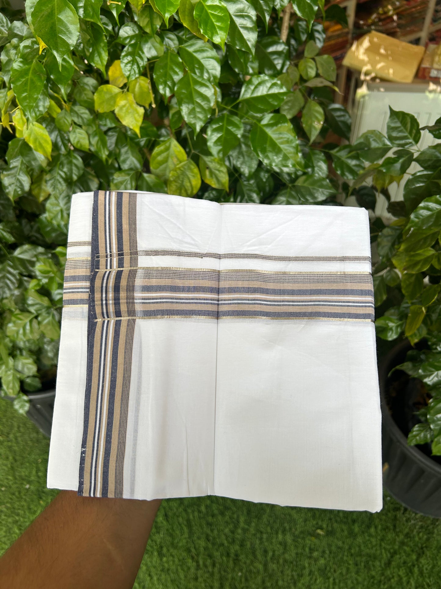 20% Discount ! Kaitharikada Balaramapuram 100% Cotton Pure White Double Mundu/Dothi - 100x80 - 1.5 inch Silver Kasav Khaki & Navy Blue Shaded Striped Kara 3.80 mtr (8 muzham) - 7 KK5359 THI