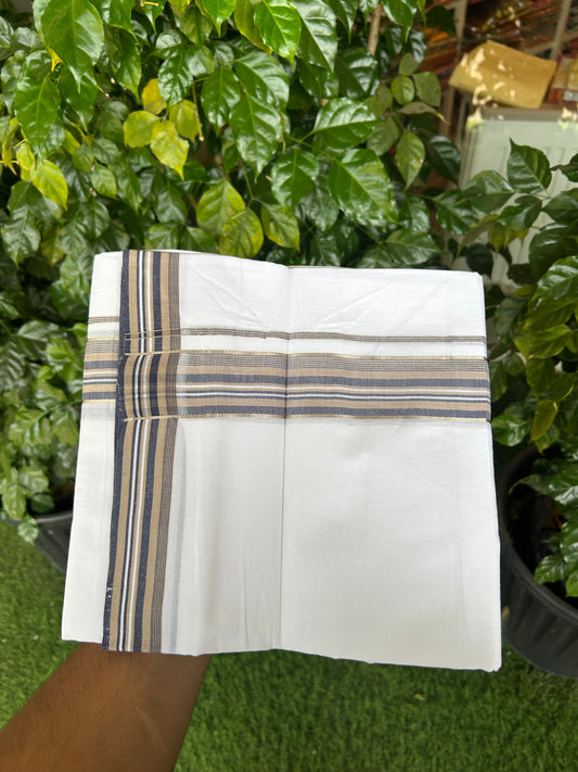 20% Discount ! Kaitharikada Balaramapuram 100% Cotton Pure White Double Mundu/Dothi - 100x80 - 1.5 inch Silver Kasav Khaki & Navy Blue Shaded Striped Kara 3.80 mtr (8 muzham) - 7 KK5359 THI