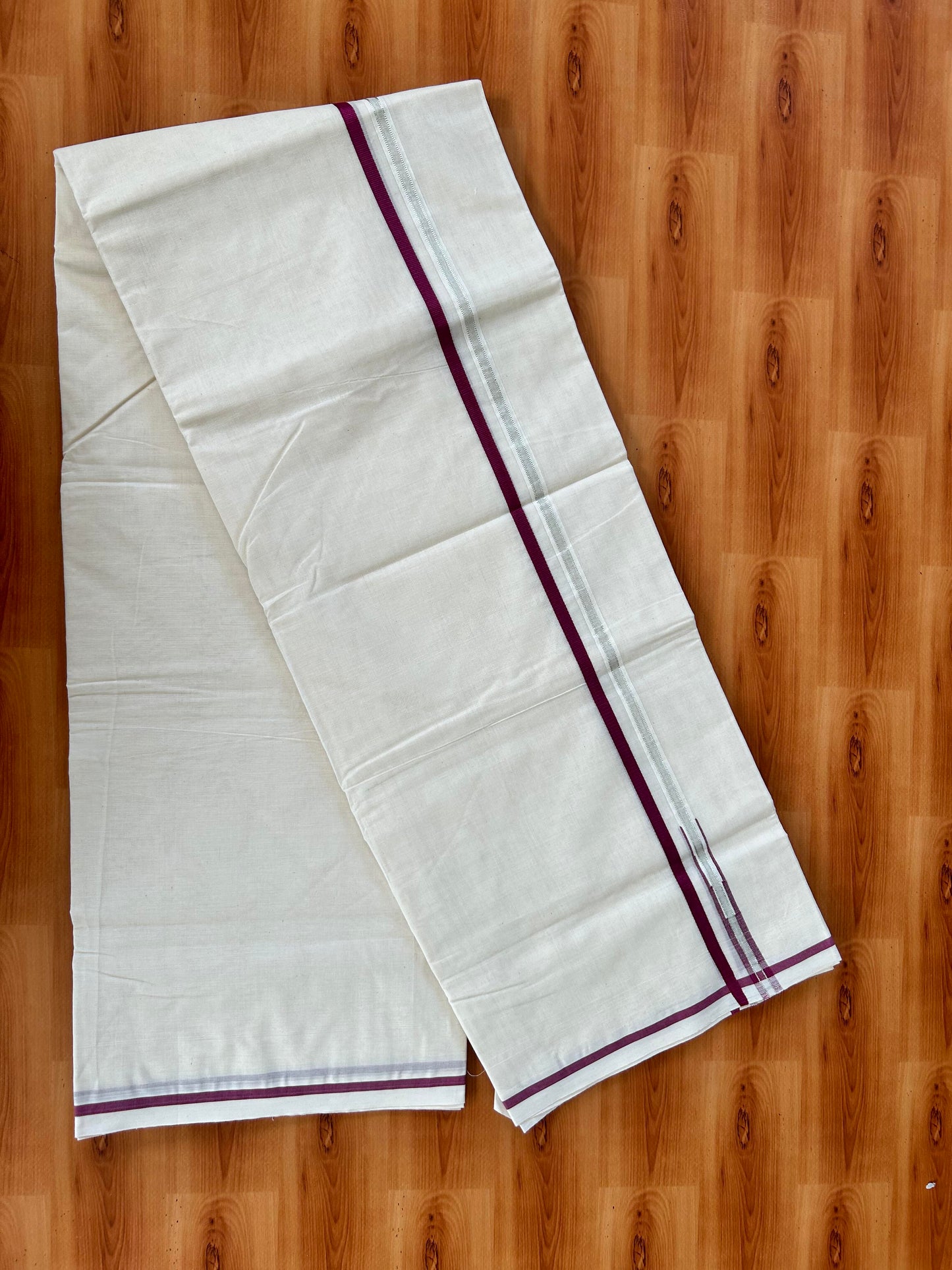 Double Off white Mundu/Dhoti - 20% Discount! KaithariKada 100% Cotton - 100x100 - 0.5 inch Puliyilakkara Silver Kasav & Magenta Chutty Kara 4 mtr (8.5 muzham) - 10 KK5442 ASH