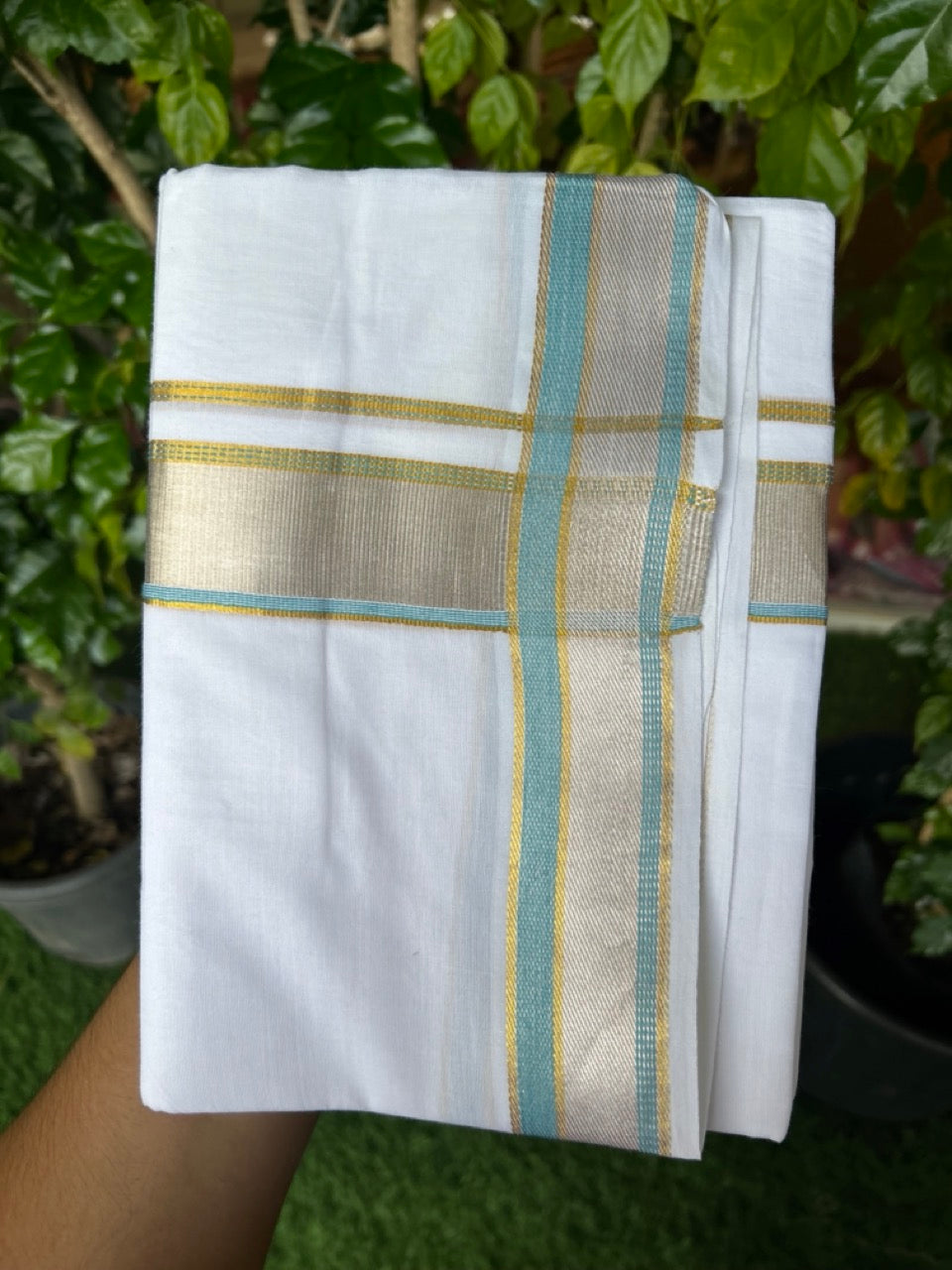 17% DISCOUNT! KaithariKada Balaramapuram 100% Cotton Double PURE WHITE Mundu/Dhoti - 100x100 - 1.5 inch Sky Blue Silver Kasav & Gold Kasavu Stripes Kara - 7KK5221 GAN