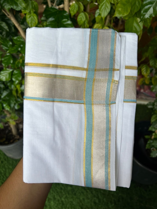 17% DISCOUNT! KaithariKada Balaramapuram 100% Cotton Double PURE WHITE Mundu/Dhoti - 100x100 - 1.5 inch Sky Blue Silver Kasav & Gold Kasavu Stripes Kara - 7KK5221 GAN