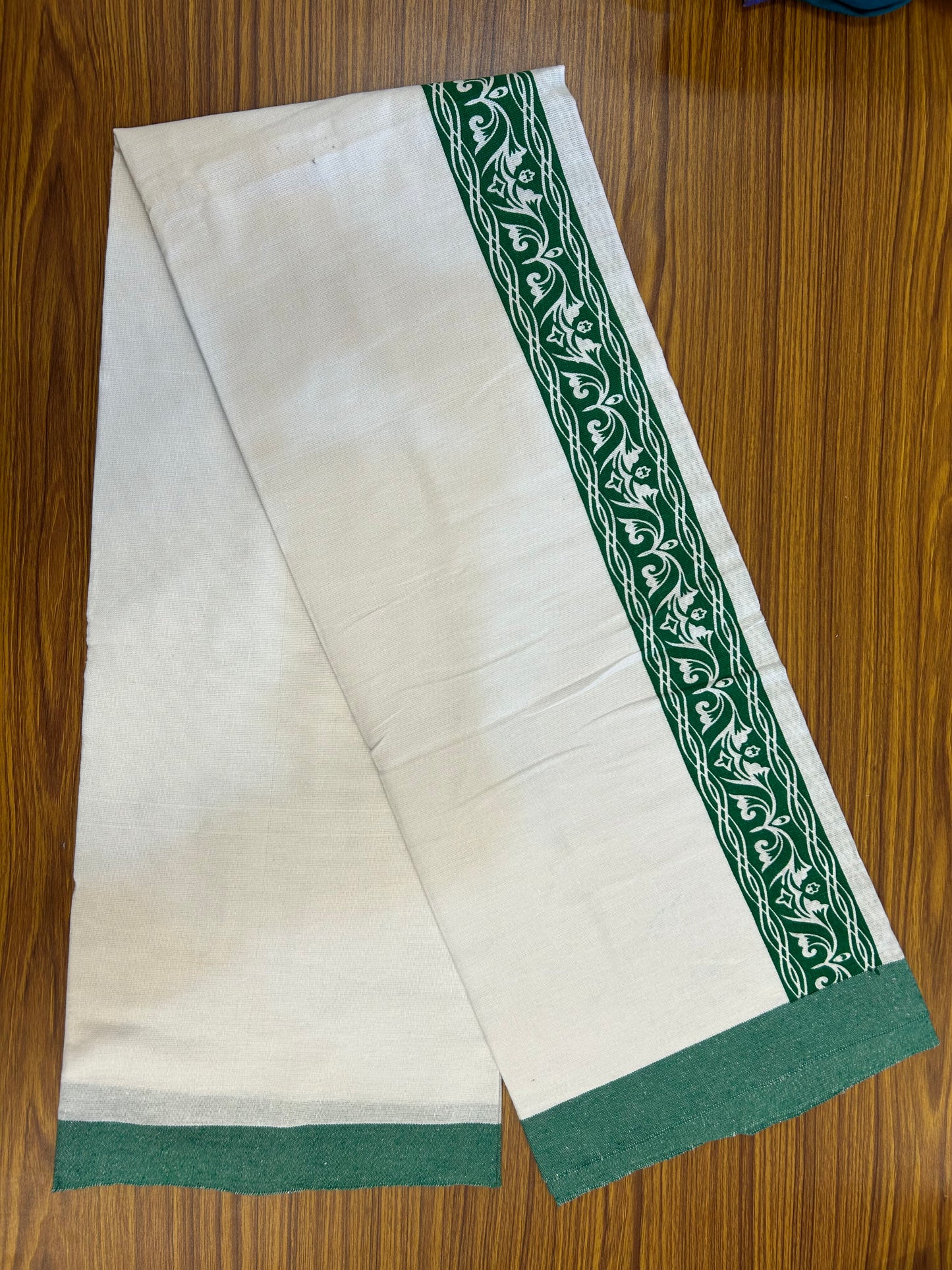 Kaitharikada - Polyster Mixed Cotton - (20s) - Pure white Single Kaily / Lungi - 2.25 inch Green Printed Kara with White colour body (2 meter / 4 muzham) - 5 KK8047 SAT