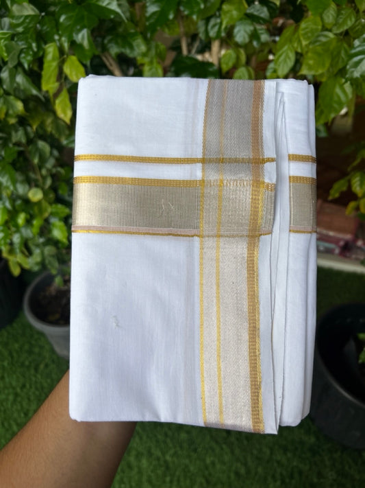 17% DISCOUNT! KaithariKada Balaramapuram 100% Cotton Double PURE WHITE Mundu/Dhoti - 100x100 - 1.5 inch Brown Silver Kasav & Gold Kasavu Stripes Kara - 6KK5221 GAN