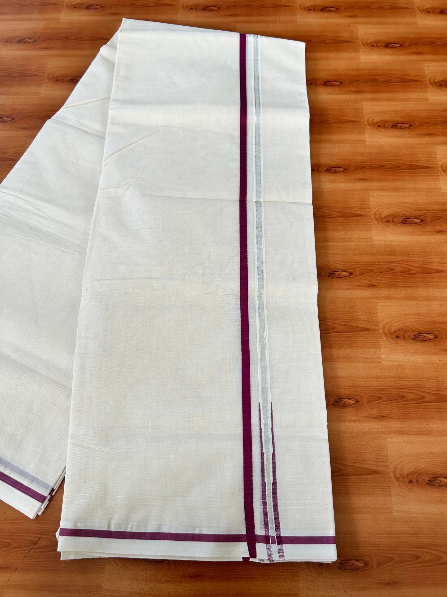 Double Off white Mundu/Dhoti - 20% Discount! KaithariKada 100% Cotton - 100x100 - 0.5 inch Puliyilakkara Silver Kasav & Magenta Chutty Kara 4 mtr (8.5 muzham) - 10 KK5442 ASH