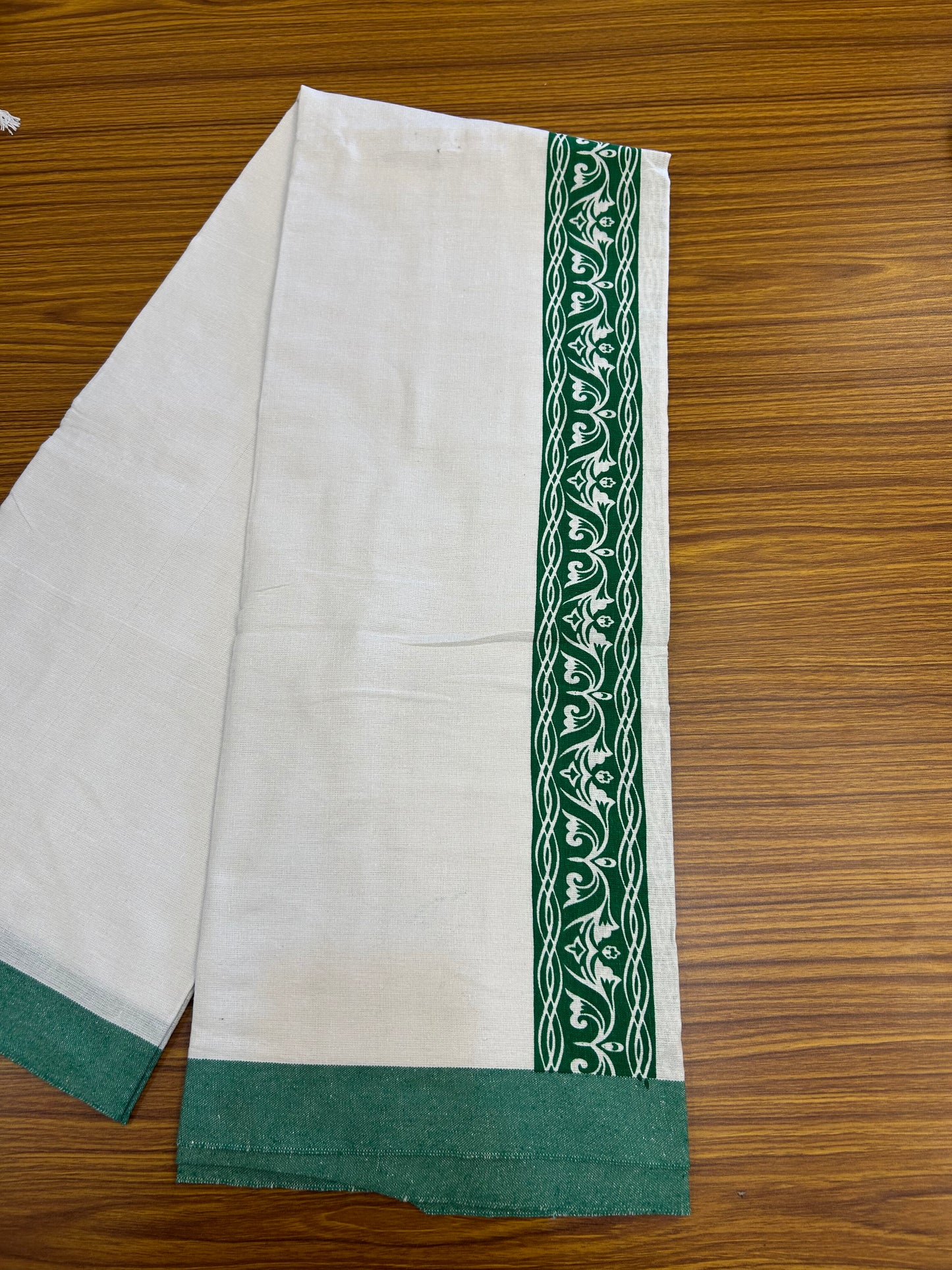Kaitharikada - Polyster Mixed Cotton - (20s) - Pure white Single Kaily / Lungi - 2.25 inch Green Printed Kara with White colour body (2 meter / 4 muzham) - 5 KK8047 SAT