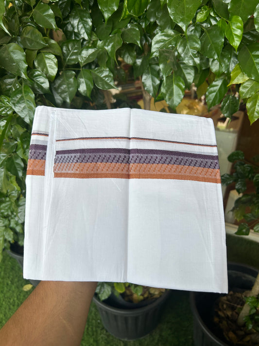 20% Discount ! Kaitharikada Balaramapuram 100% Cotton Pure White Double Mundu/Dothi - 100x80 - 1.5 inch Wine Purple & Rust Orange Design Kara 3.80 mtr (8 muzham) - 25 KK5359 THI