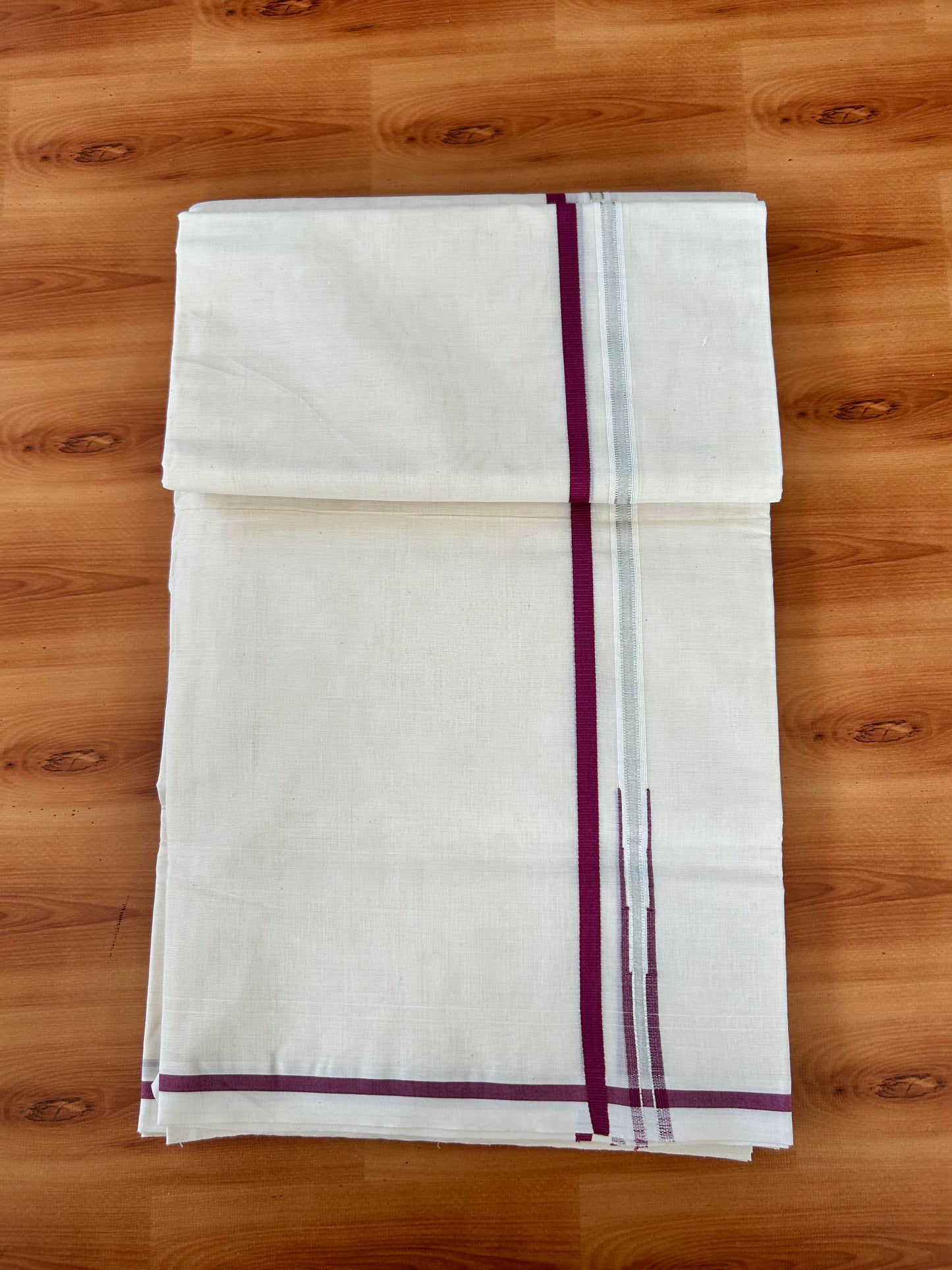 Double Off white Mundu/Dhoti - 20% Discount! KaithariKada 100% Cotton - 100x100 - 0.5 inch Puliyilakkara Silver Kasav & Magenta Chutty Kara 4 mtr (8.5 muzham) - 10 KK5442 ASH