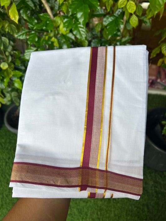 16% DISCOUNT! KaithariKada Balaramapuram 100% MERCERISED Cotton Double ULTRA PURE WHITE Mundu/Dhoti - 100x100 - 1 inch Maroon & Kasavu Stripes Kara - 3KK5221 GAN