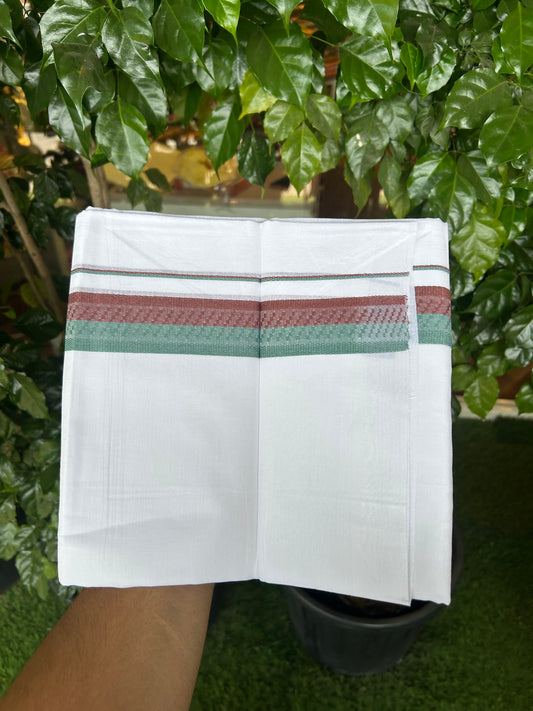 20% Discount ! Kaitharikada Balaramapuram 100% Cotton Pure White Double Mundu/Dothi - 100x80 - 1.5 inch Deep Brown & Sea Green Design Kara 3.80 mtr (8 muzham) - 20 KK5359 THI