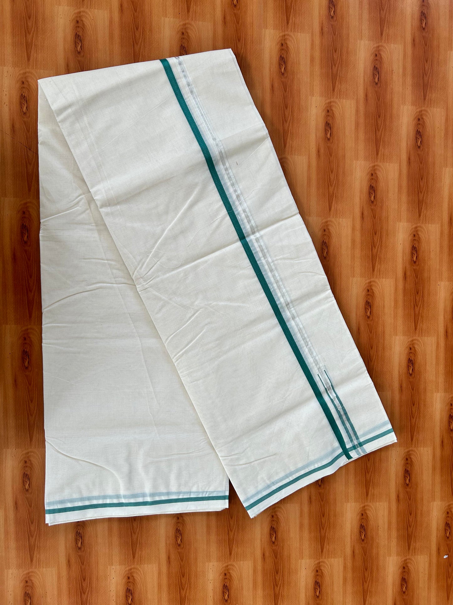 Double Off white Mundu/Dhoti - 20% Discount! KaithariKada 100% Cotton - 100x100 - 0.5 inch Puliyilakkara Silver Kasav & Teal Blue Chutty Kara 4 mtr (8.5 muzham) - 11 KK5442 ASH