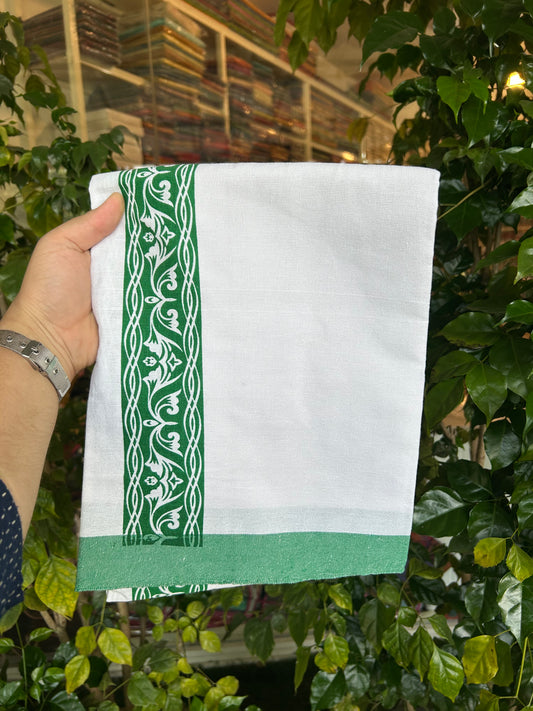 Kaitharikada - Polyster Mixed Cotton - (20s) - Pure white Single Kaily / Lungi - 2.25 inch Green Printed Kara with White colour body (2 meter / 4 muzham) - 5 KK8047 SAT