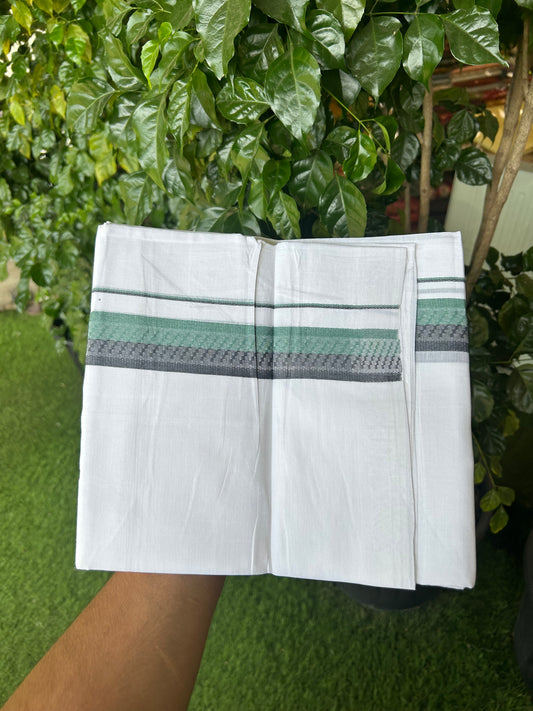 20% Discount ! Kaitharikada Balaramapuram 100% Cotton Pure White Double Mundu/Dothi - 100x80 - 1.5 inch Sea Green & Navy Blue Design Kara 3.80 mtr (8 muzham) - 22 KK5359 THI