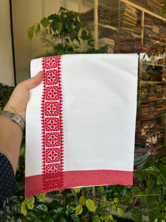 Kaitharikada - Polyster Mixed Cotton - (20s) - Pure white Single Kaily / Lungi - 2 inch Ruby Red Printed Kara with White colour body (2 meter / 4 muzham) - 9 KK8047 SAT