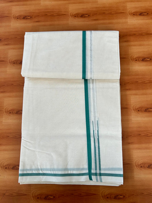 Double Off white Mundu/Dhoti - 20% Discount! KaithariKada 100% Cotton - 100x100 - 0.5 inch Puliyilakkara Silver Kasav & Teal Blue Chutty Kara 4 mtr (8.5 muzham) - 11 KK5442 ASH