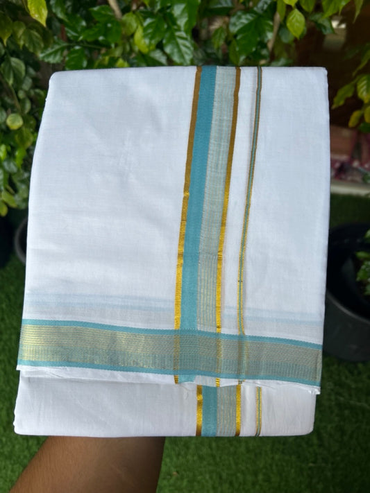 16% DISCOUNT! KaithariKada Balaramapuram 100% MERCERISED Cotton Double ULTRA PURE WHITE Mundu/Dhoti - 100x100 - 1.25 inch Sky Blue & Kasavu Stripes Kara - 2KK5221 GAN