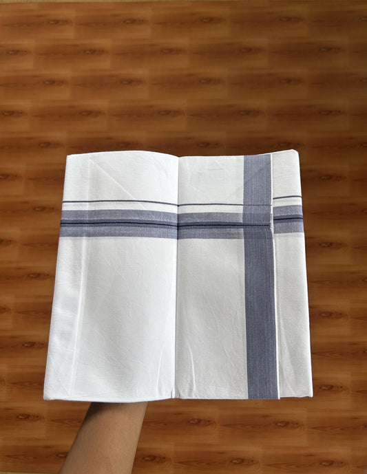 Single Mundu/Dhoti  - Pure White - 29% Discount !! KaithariKada Balaramapuram 100% Cotton - Twisted 60s Thread - 0.5 Cm  Black & Greyish Blue Shaded Striped Kara (2 meter / 4 muzham) - 52 KK5393 GL