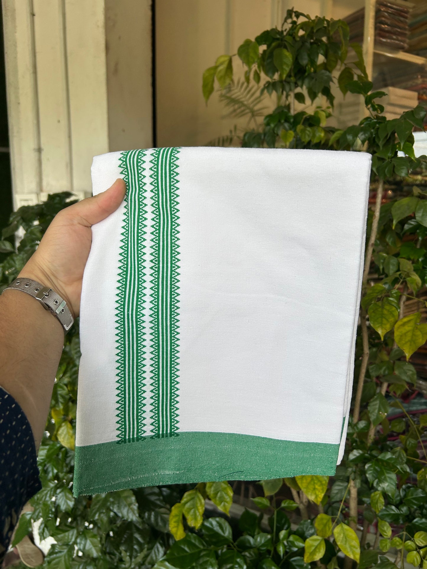 Kaitharikada - Polyster Mixed Cotton - (20s) - Pure white Single Kaily / Lungi - 2.25 inch Green Printed Kara with White colour body (2 meter / 4 muzham) - 4 KK8047 SAT