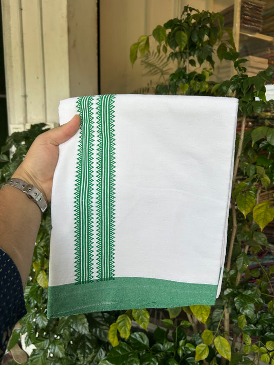 Kaitharikada - Polyster Mixed Cotton - (20s) - Pure white Single Kaily / Lungi - 2.25 inch Green Printed Kara with White colour body (2 meter / 4 muzham) - 4 KK8047 SAT