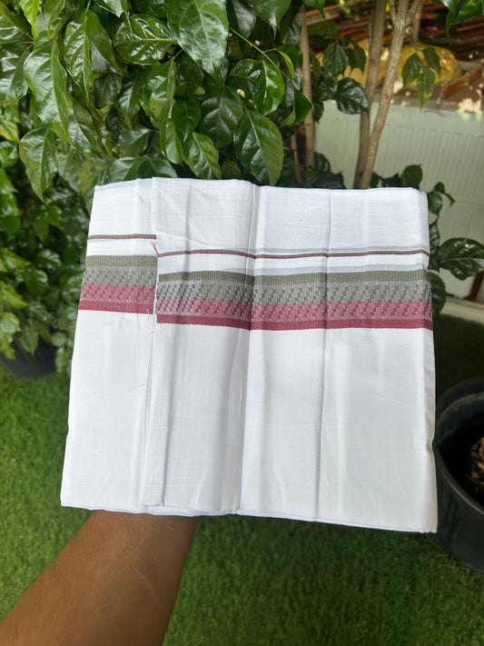 20% Discount ! Kaitharikada Balaramapuram 100% Cotton Pure White Double Mundu/Dothi - 100x80 - 1.5 inch Light Maroon & Olive Green Kara 3.80 mtr (8 muzham) - 36 KK5359 THI