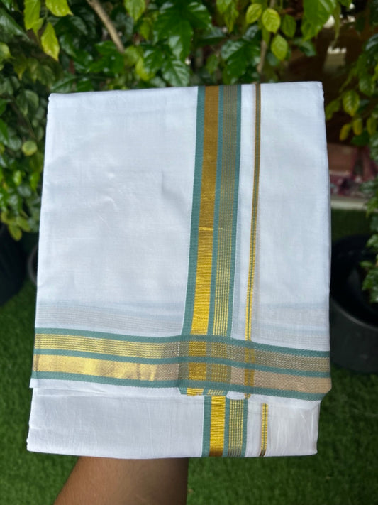 16% DISCOUNT! KaithariKada Balaramapuram 100% MERCERISED Cotton Double ULTRA PURE WHITE Mundu/Dhoti - 100x100  1.25 inch Cadet Blue & Kasavu Stripes Kara - 1KK5221 GAN