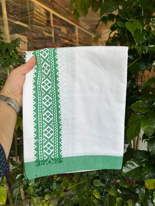 Kaitharikada - Polyster Mixed Cotton - (20s) - Pure white Single Kaily / Lungi - 2.5 inch Green Printed Kara with White colour body (2 meter / 4 muzham) - 3  KK8047 SAT