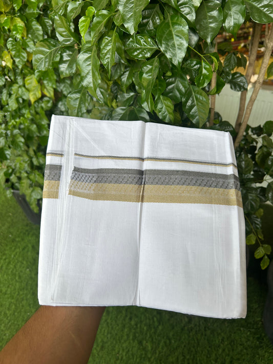 20% Discount ! Kaitharikada Balaramapuram 100% Cotton Pure White Double Mundu/Dothi - 100x80 - 1.5 inch Khaki & Ash Grey Design Kara 3.80 mtr (8 muzham) - 21 KK5359 THI
