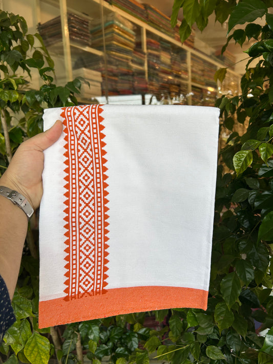 Kaitharikada - Polyster Mixed Cotton - (20s) - Pure white Single Kaily / Lungi - 2.25 inch Orange Printed Kara with White colour body (2 meter / 4 muzham) - 12 KK8047 SAT