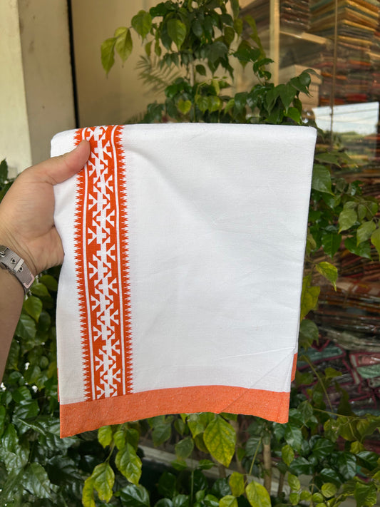 Kaitharikada - Polyster Mixed Cotton - (20s) - Pure white Single Kaily / Lungi - 2 inch Orange Printed Kara with White colour body (2 meter / 4 muzham) - 11 KK8047 SAT