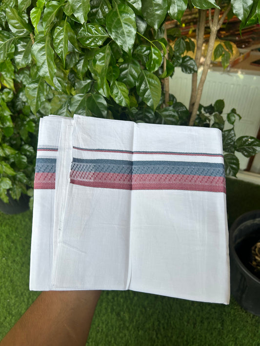 20% Discount ! Kaitharikada Balaramapuram 100% Cotton Pure White Double Mundu/Dothi - 100x80 - 1.5 inch Dark Blue & velvet Maroon Design Kara 3.80 mtr (8 muzham) - 30 KK5359 THI