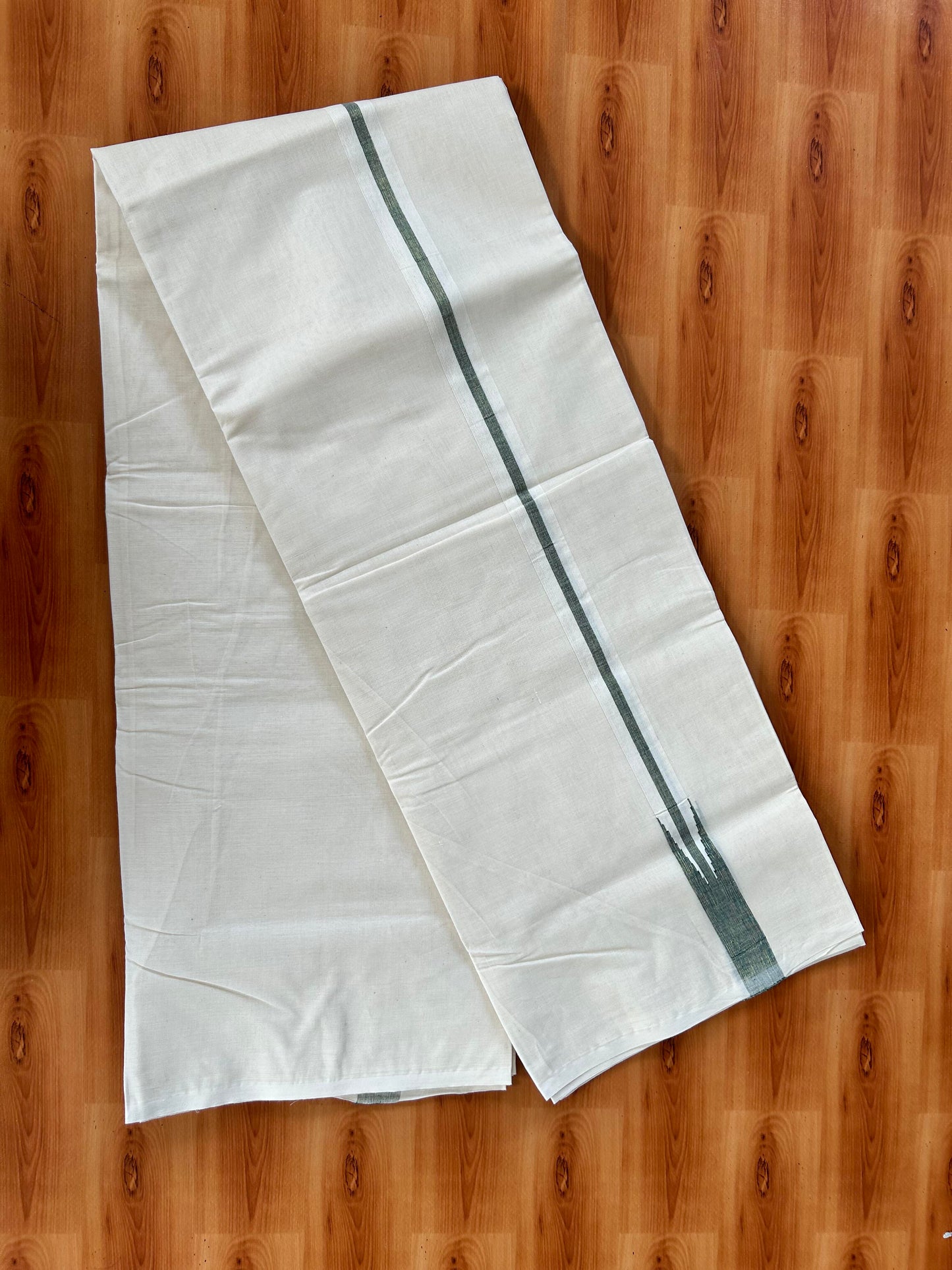 Double Off white Mundu/Dhoti - 20% Discount! KaithariKada Balaramapuram 100% Cotton - 100x100 - 1 inch Puliyilakkara Gold Kasav & Green Shaded Chutty Kara 4 mtr (8.5 muzham) - 1 KK5442 ASH