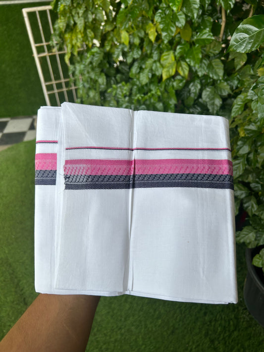20% Discount ! Kaitharikada Balaramapuram 100% Cotton Pure White Double Mundu/Dothi - 100x80 - 1.5 inch Navy Blue & Pink Design Kara 3.80 mtr (8 muzham) - 32 KK5359 THI