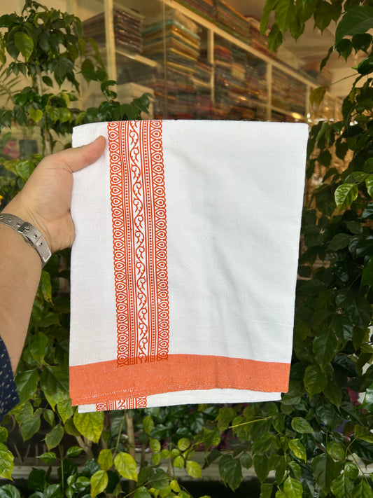 Kaitharikada - Polyster Mixed Cotton - (20s) - Pure white Single Kaily / Lungi - 2.25 inch Orange Printed Kara with White colour body (2 meter / 4 muzham) - 10 KK8047 SAT